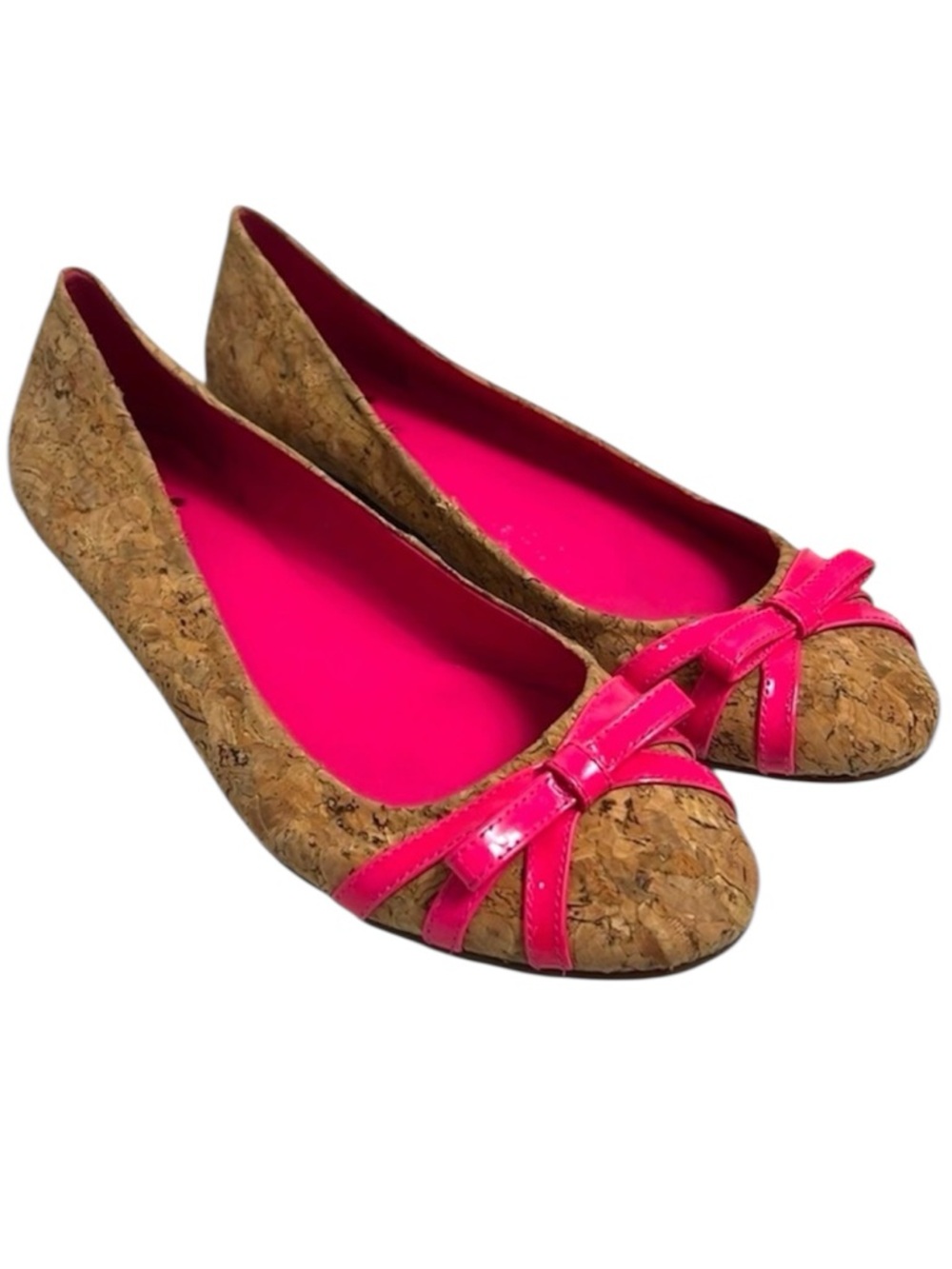 Kate Spade New York Cork Ballet Flats Hot Pink Bow Size 8.5M Made in Brazil